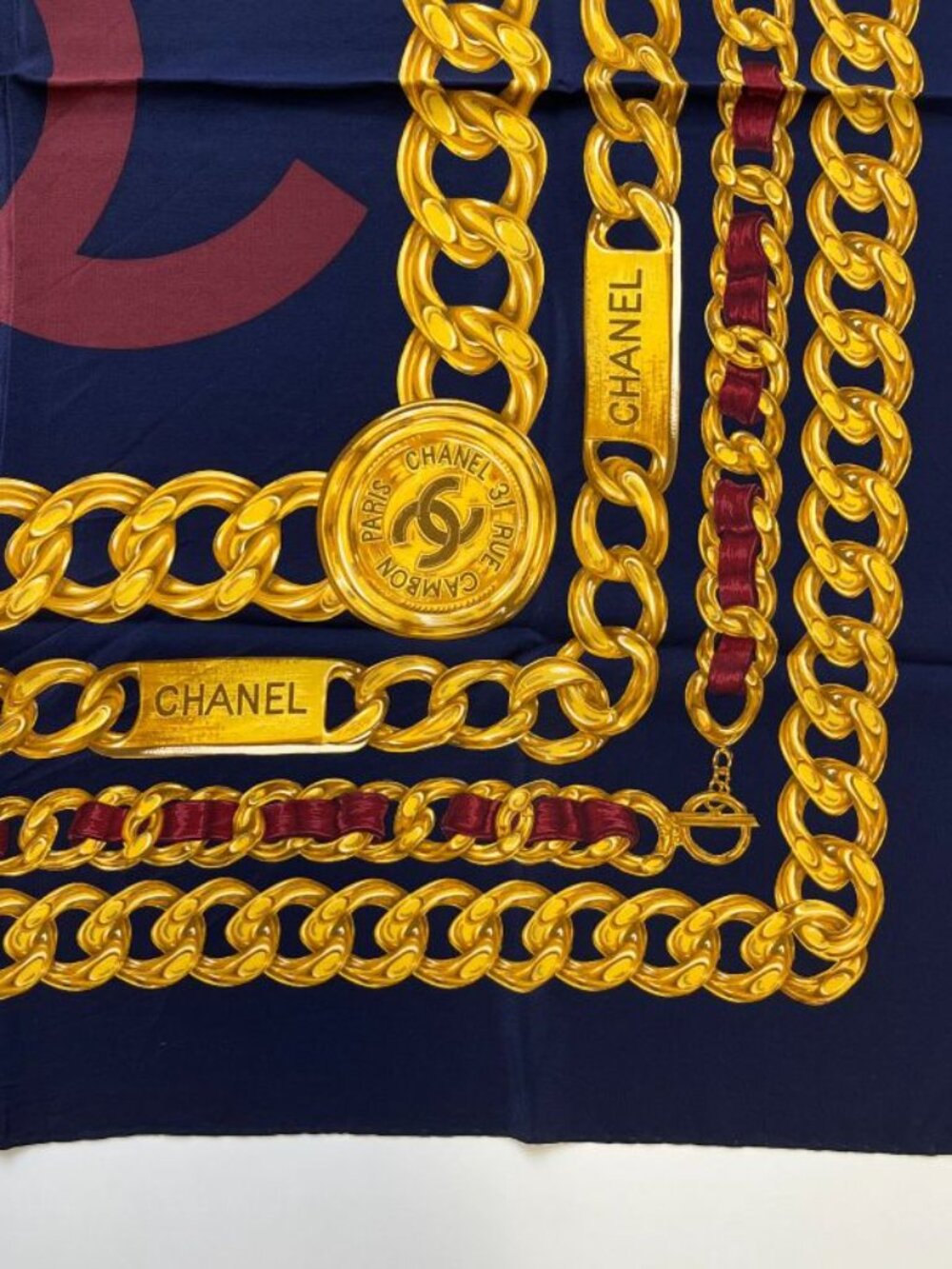 Chanel CC Logo Scarf Silk Gold Navy Vintage - Picture 2 of 11